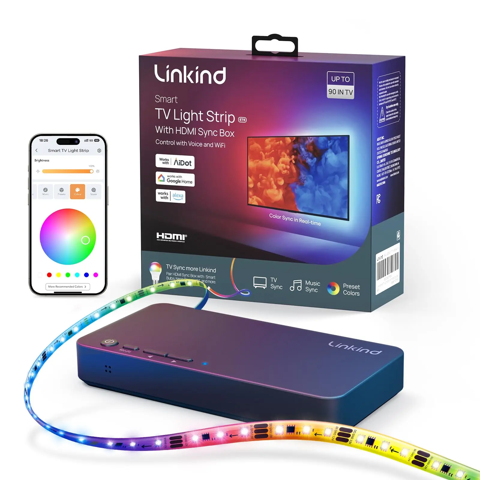 Linkind HDMI 2.0 Sync Box, AI LumiSync Technology ET6 Smart TV Backlights, Supports 4K@60Hz, LED Backlights for 90 inch TVs, for Christmas Decorations, Smart App Control, Music Sync
