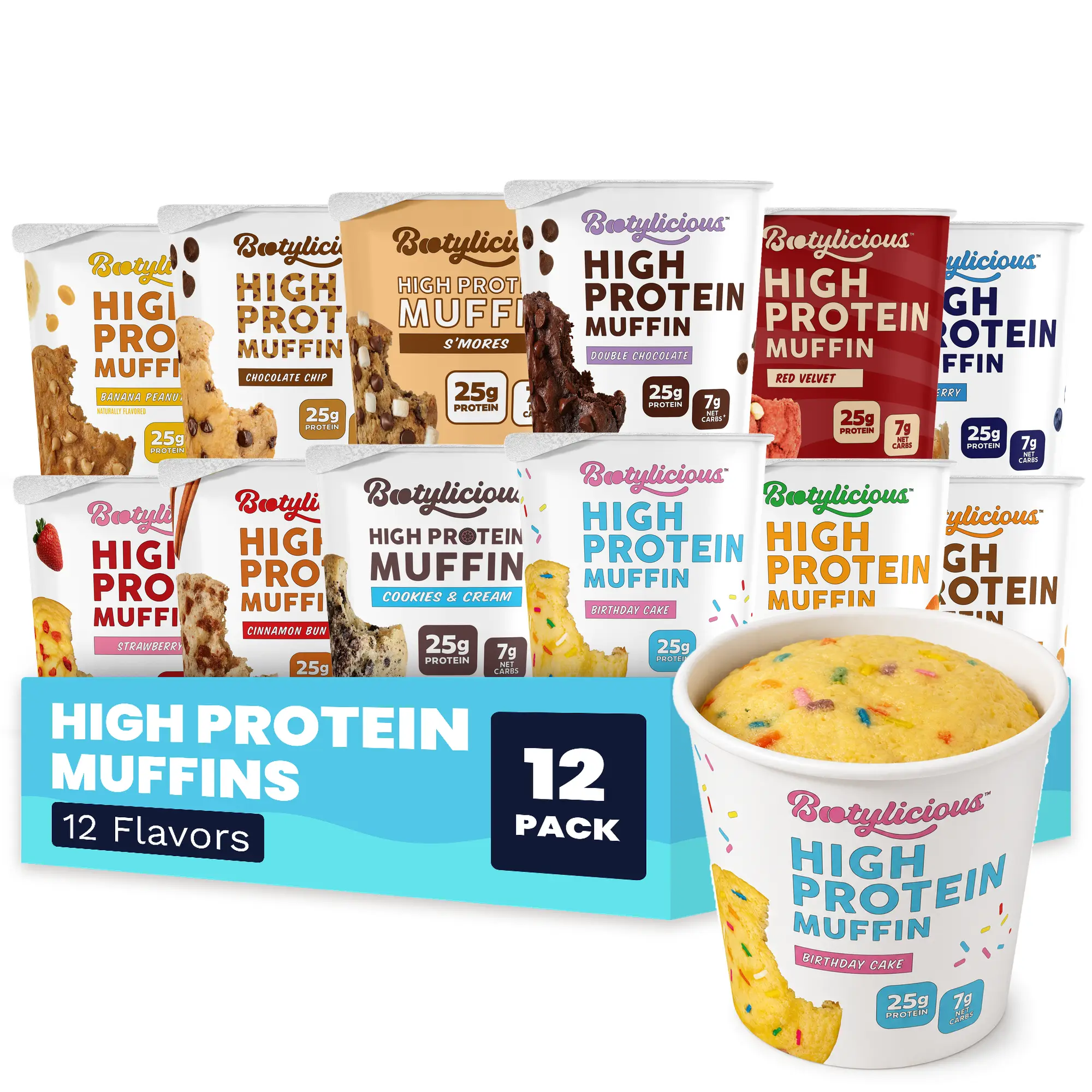 Bootylicious Protein Muffin, Ultimate Variety, 12-Pack | 25g Protein, High Fiber, 7g Net Carbs*, 200 Calories or Less, Healthy High Quality Protein Bake Snack