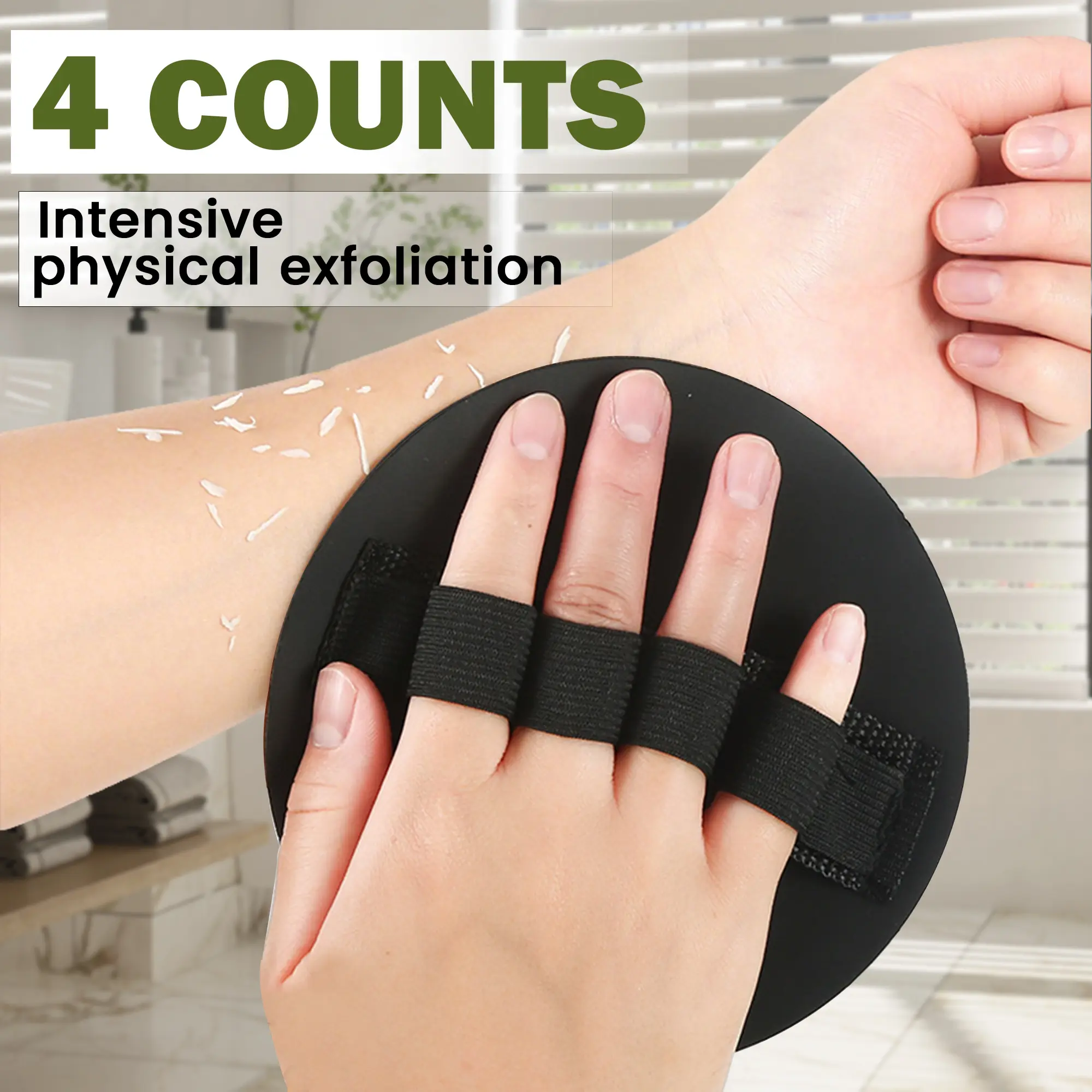 4-Count Premium Natural Rubber Exfoliating Bath Gloves, Pain-Free Dead Skin Remover with Grip, Fast-Drying Gentle-on-Skin Shower Scrubber, Selfcare Gift with Exfoliating Net Loofah Function, Black, Cleaning