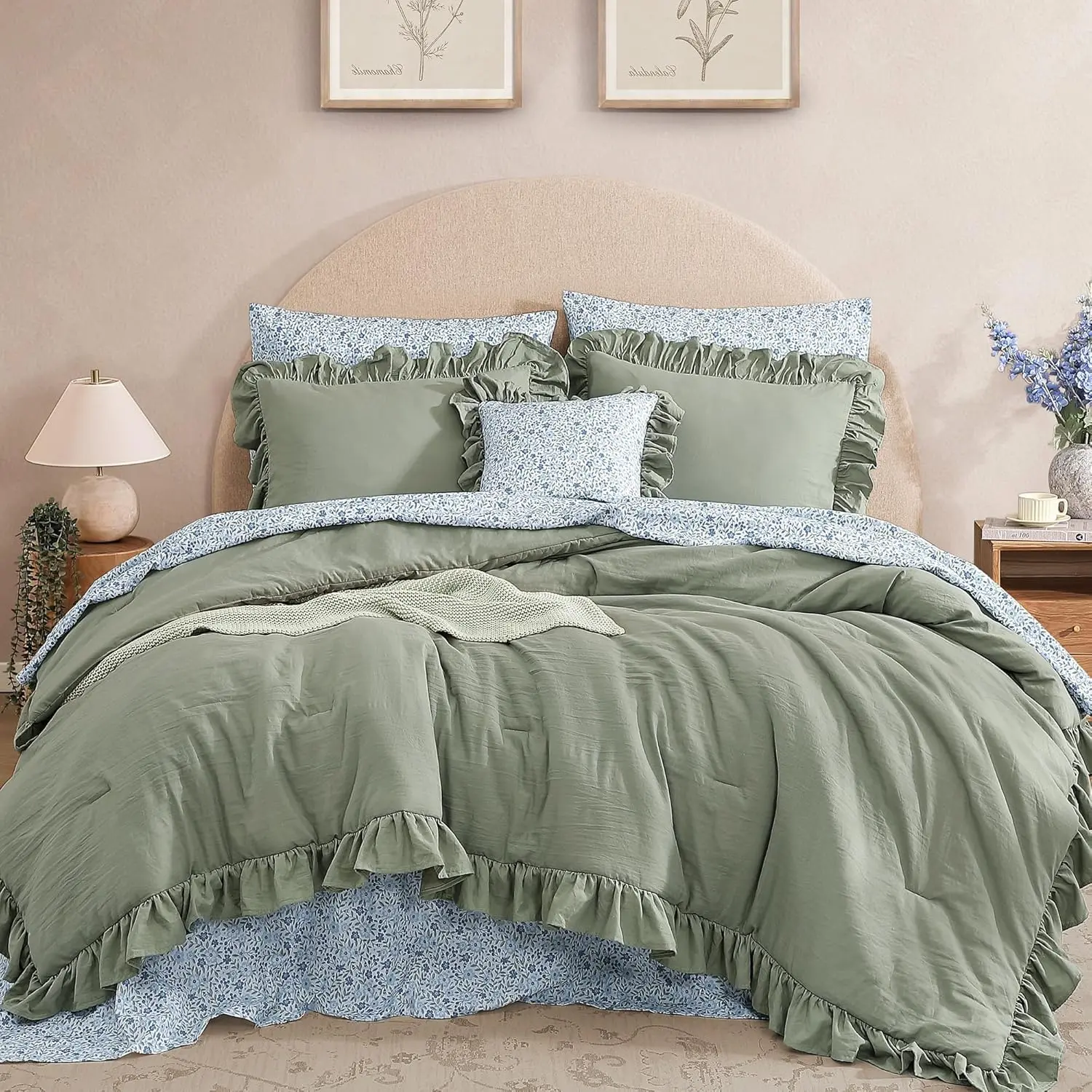 Melex Home | 5/7-Pieces microfiber Comforter Set, Modern Farmhouse Coastal Style Bedding Set with Double Sided Storage Pockets, 1 Singale-Stitch Comforter, 2 Pillowcases, 2 Shams, 1 Flat & 1 Fitted Sheet
