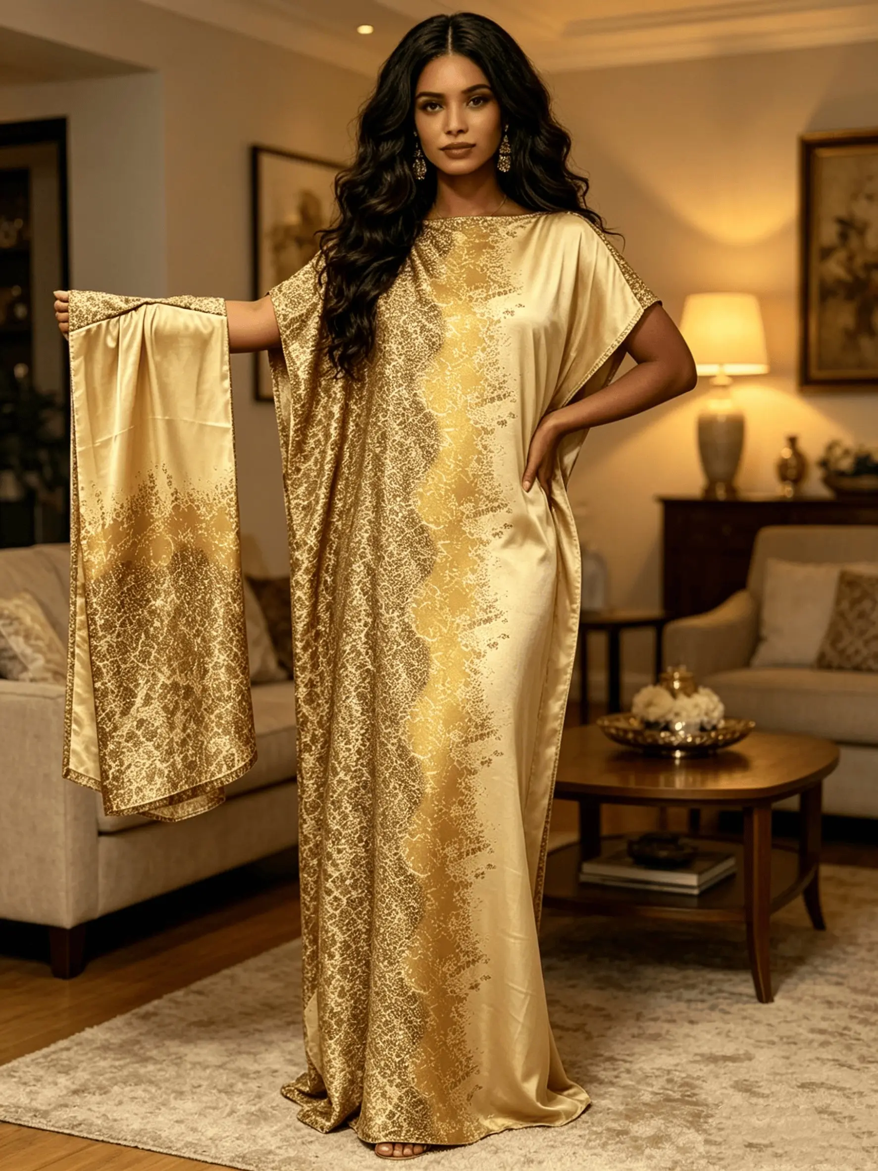 Champagne Gold Hot‑Stamped Print Kaftan Robe Two‑Piece Set, 1‑Dress with Matching Scarf, Vintage Light‑Luxury Long Dress for Vacation & Daily Wear