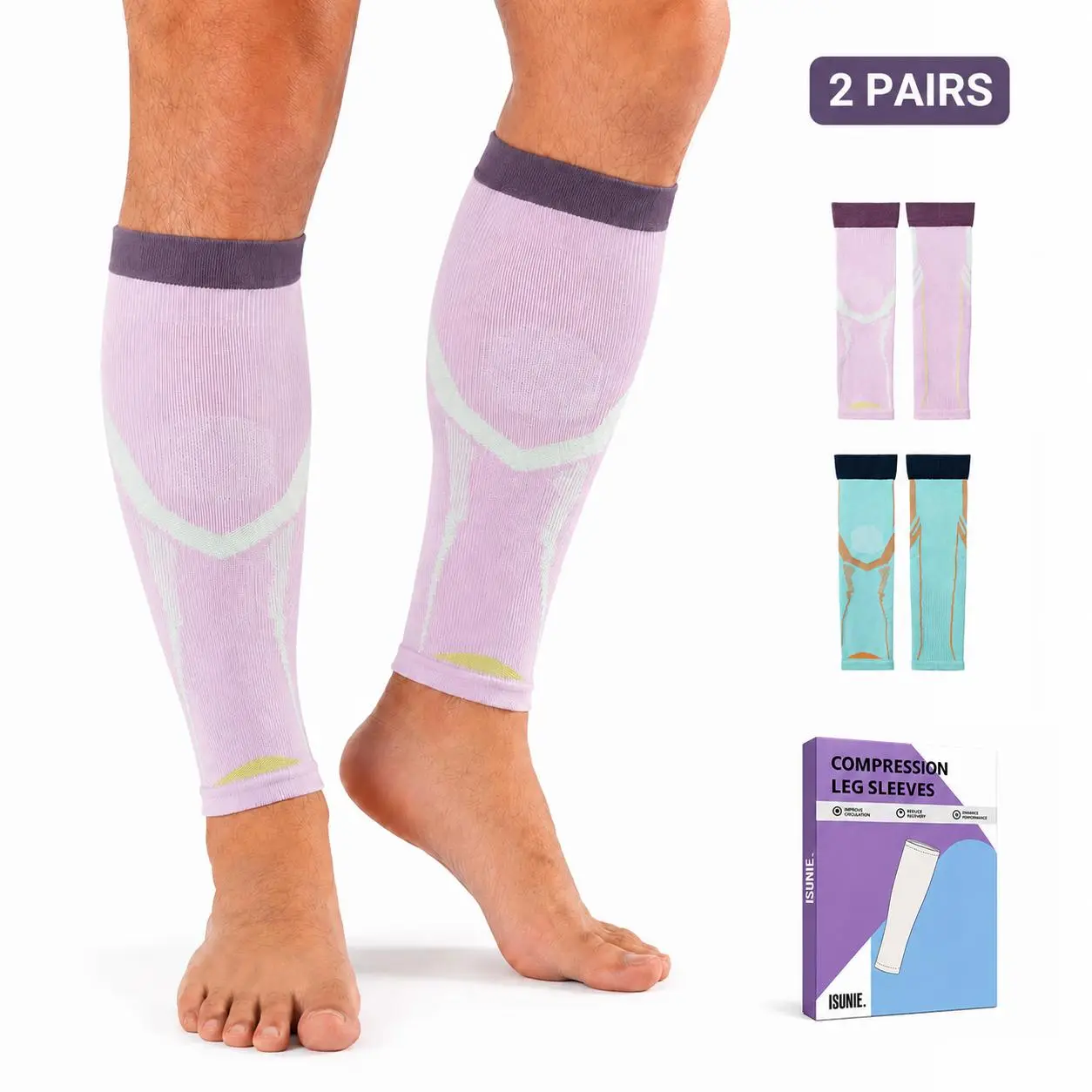 Isunie 2 Pairs Calf Compression Sleeves for Women & Men, 20–30 mmHg Graduated Leg Support Sleeves, Breathable Stay-Up Calf Sleeves for Running, Cycling, Travel and Work, leg support sleeve