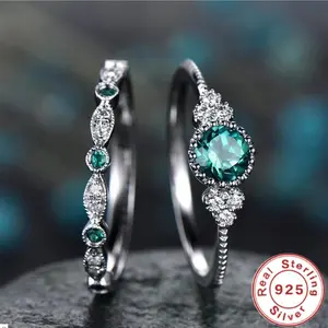 925 Sterling Silver Ring Set with Emerald Zircon Crystals for Women Engagement Wedding Glamour Jewelry