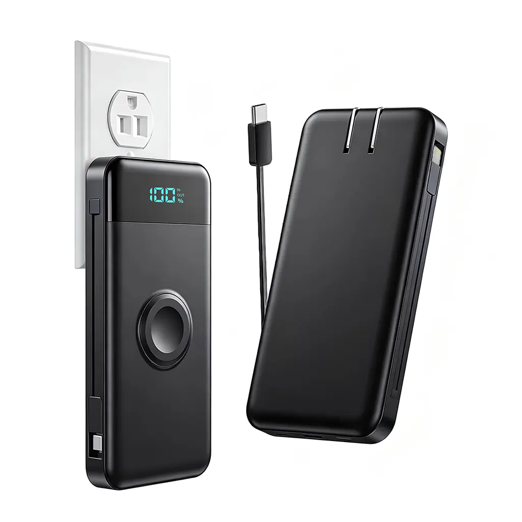 Nolanus 20000mAh Ultra Slim Compact Power Bank - Built-in Cables, Wall Plug, LED Display, Flashlight, Smart Auto Stand - Portable Mobile Charger for iPhone 15/14/13, Samsung, iPad - Travel Electronics Accessories for Devices