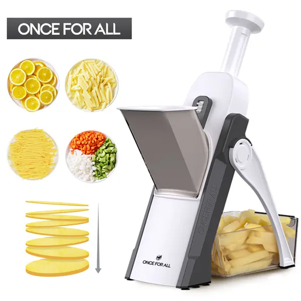 ONCE FOR ALL Safe 5-in-1 Mandoline Slicer - Vegetable Cutter, Julienne Stripper, Dicer with Adjustable 0.1-8 mm Thickness, Large Capacity for Fast Kitchen Meal Prep