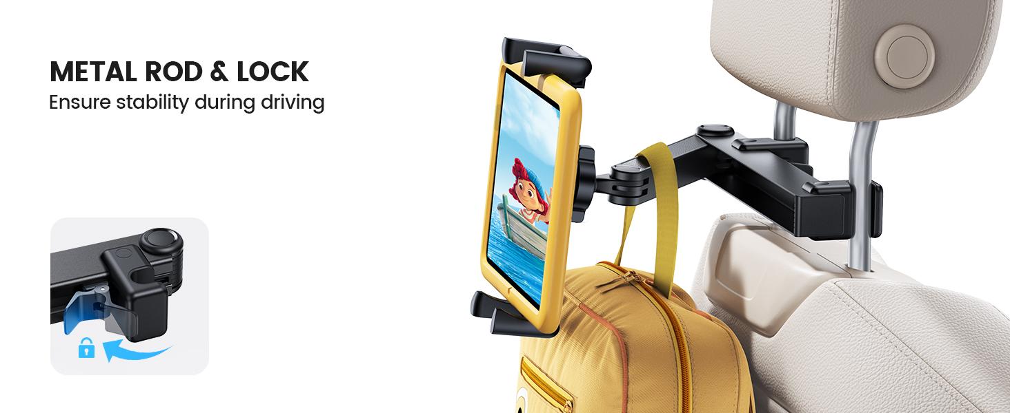 Lamicall Car Headrest Tablet Holder - [Lockable] [Thick Case Friendly] [Foldable Clip] Car Backseat Tablet Mount, Car Accessories for Kids, for iPad Pro, Air, Mini, Galaxy, Fire HD, 4.7-13" Tablets