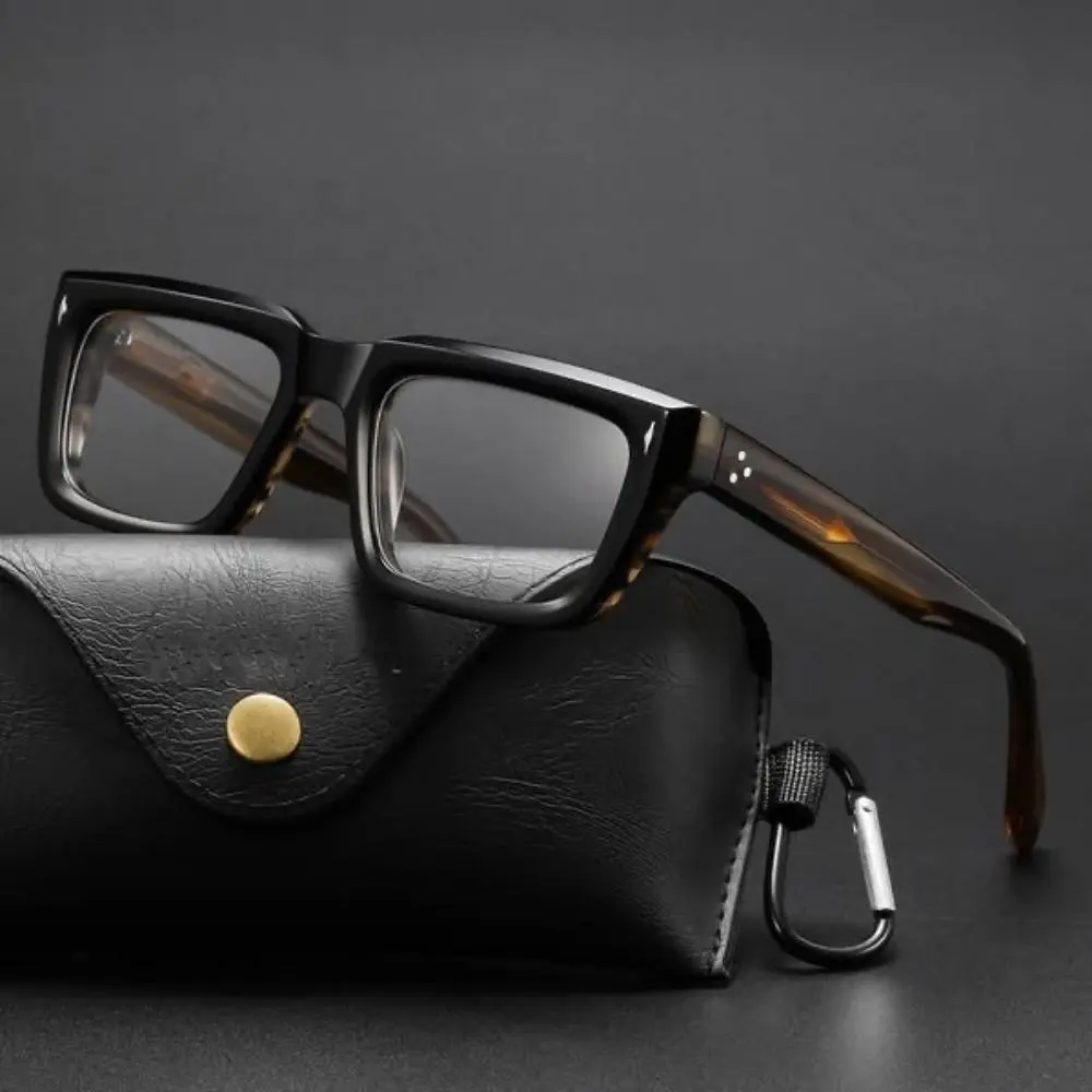 BETSION Men's Thick Acetate Handmade Vintage Rectangle Optical Frames - High-Quality Polycarbonate Stylish Trendy Casual Wear Eyewear (Black-Tea), Stylish Trendy Eyewear, Rectangle Frames Eyeglasses, Vintage Style, Handmade Crafted, Tea‑Black Classic