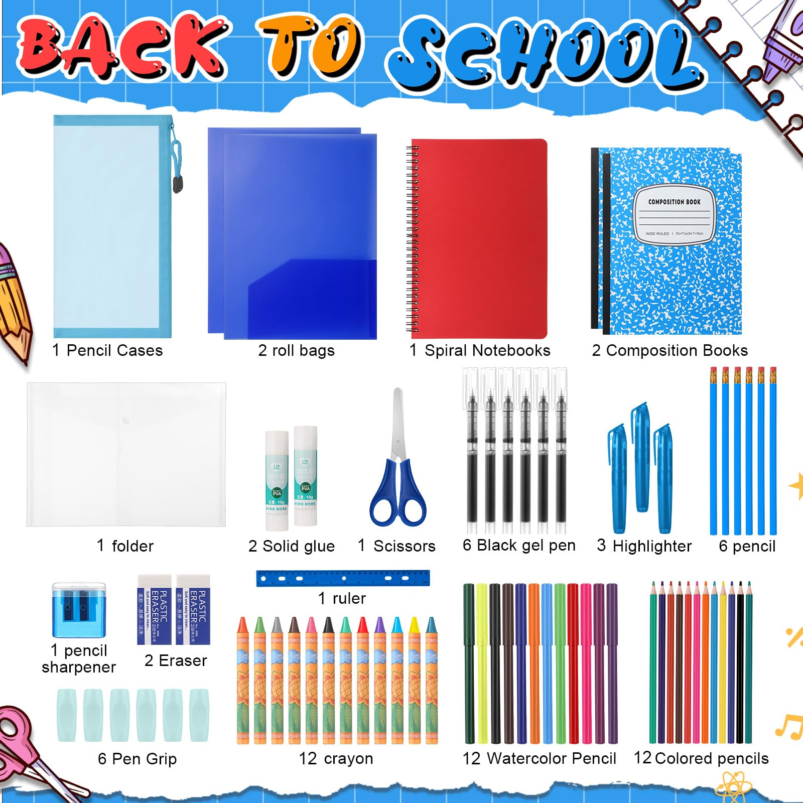 39 Pcs Back to School Supplies Kit, Include Pencils Scissors Ruler Eraser Crayon Sharpener Notebook Pencil Case Folder Notebook for Teachers & Kids - Supplies kit for Girls & Boys