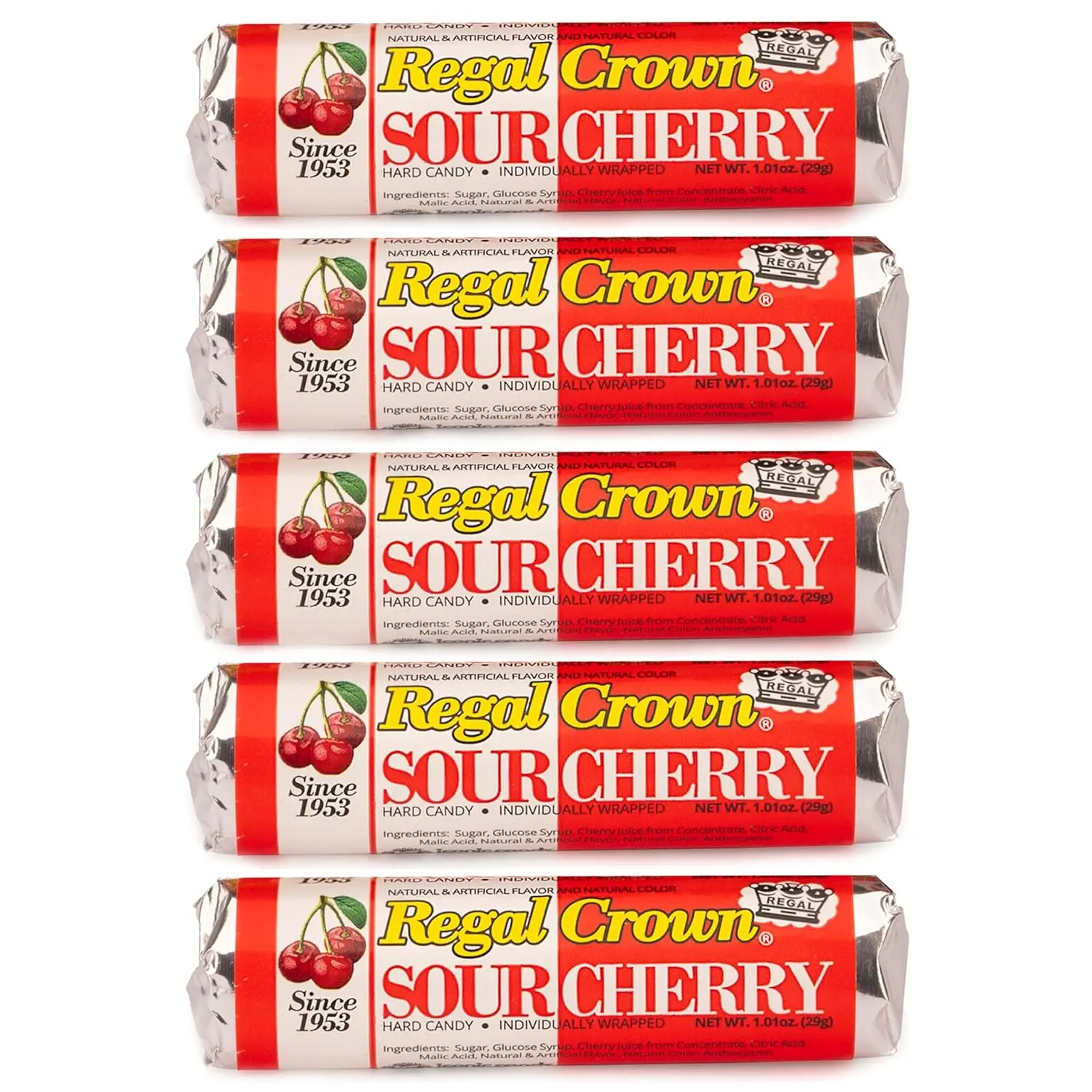 Regal Crown Roll Sour Cherry, 1.01 Ounce (Pack of 5), Sour Candy, The Hampton Candy Company
