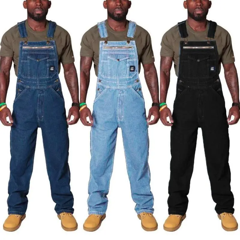 Men'sDenimOverallswithStrapsRippedDenimWorkPants