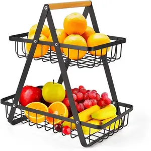 1PC 2-Tier Detachable Metal Wire Fruit Basket with Wooden Handle, Foldable Tiered Storage Rack, Breathable Organizer for Fruit Vegetable Snack, Modern Countertop Organizer for Kitchen Counter Dining Table