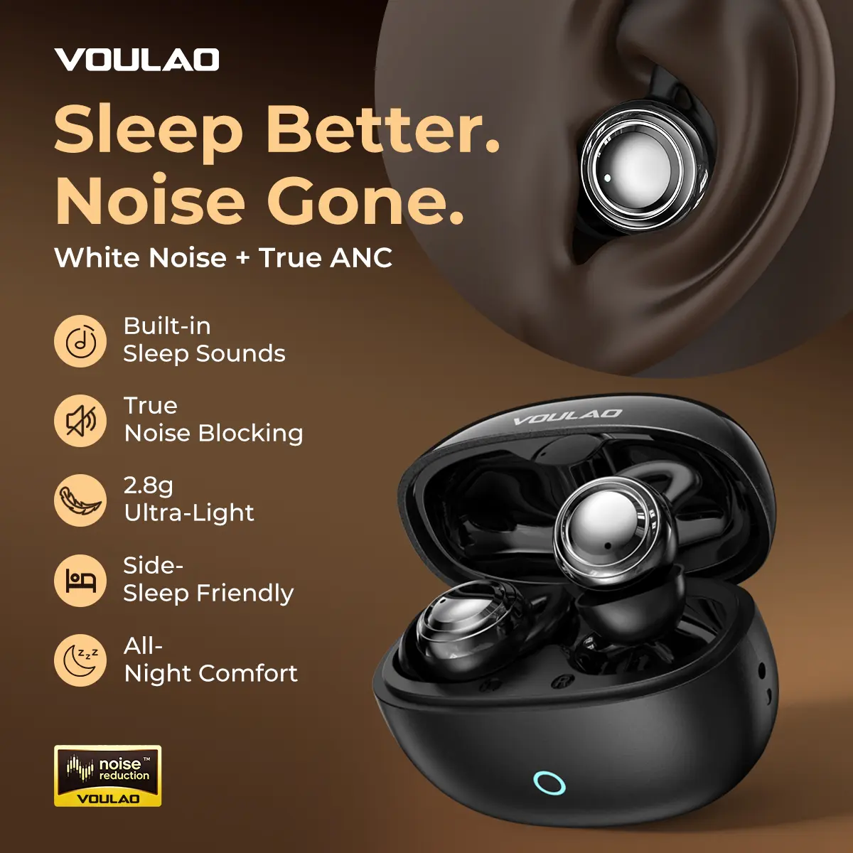 Mini In-Ear ANC Noise Canceling Wireless Bluetooth Headphones - Sleep Aid, Built-In White Noise Mic, Comfort for Side Sleepers, Ear Tunnel & Casual Wireless Headphones, Calm Focus Support