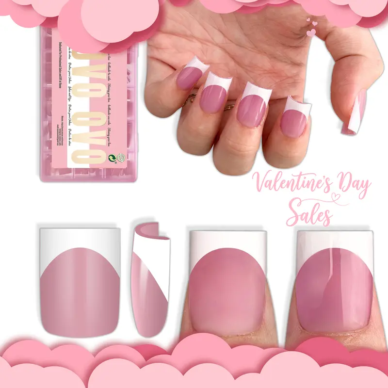 NOVO OVO Short Sharp Square White French Tip Nail Tips Press on BERRY PINK, Need Builder Gel Top Coat Nail Glue, Soft Gel Fake Nail Extension, Full Cover False Nails for Salon DIY x 15 Sizes 240 pcs【NO GLUE ,TOP COAT AND LAMP INCLUDED】