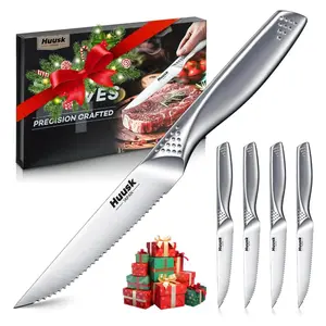 Huusk Serrated Steak Knives Set, 4.5 Inch Stainless Steel Steak Knives Set of 4, Sharp Dishwasher Safe Dinner Knife for Kitchen Table with Gift Box, Christmas Gifts for Men Women