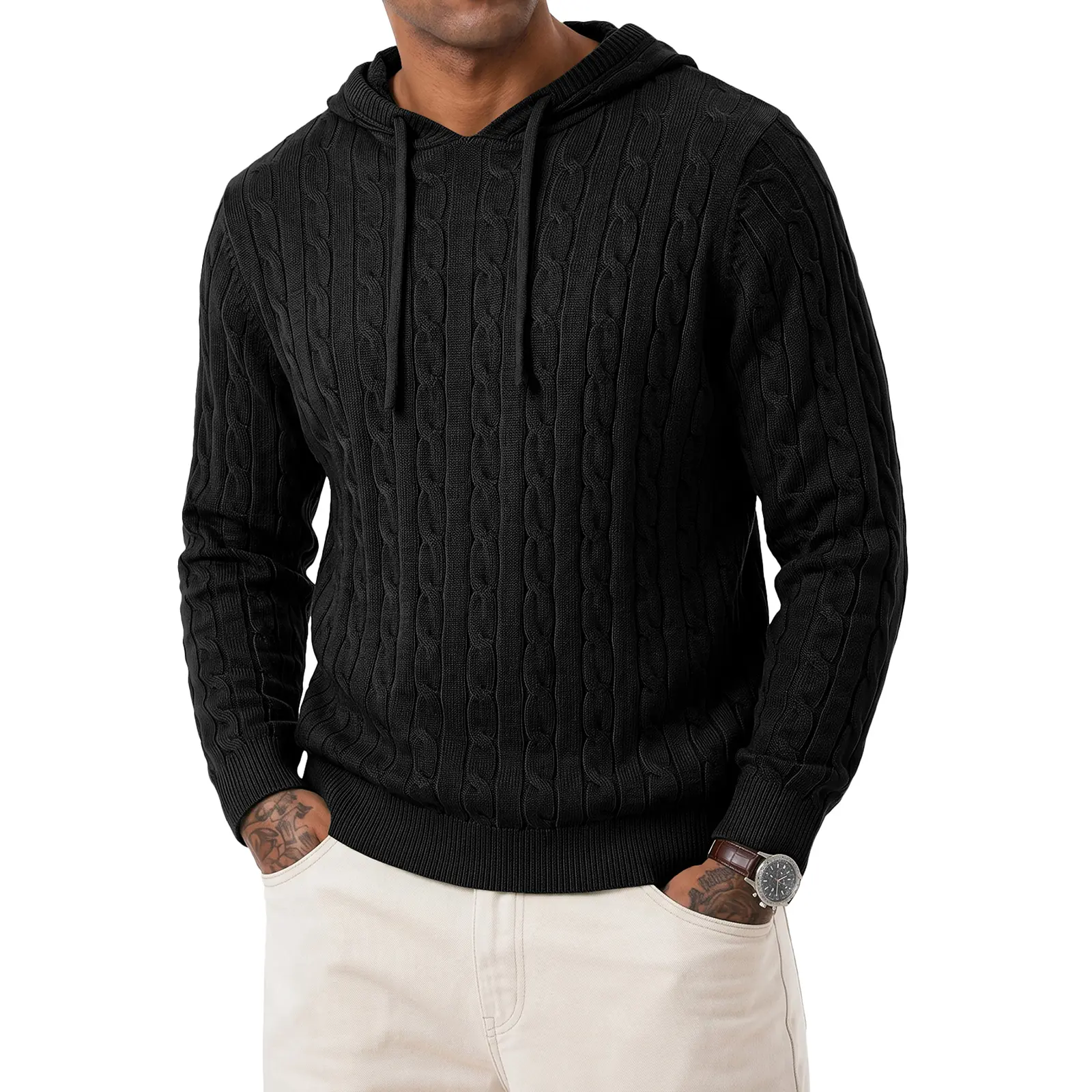 JMIERR Mens Hooded Collar Cable Knit Pullover Sweaters | Drawstring, Soft Touch, Twist Texture Knitted, Long Sleeve, Machine Washable, Casual, Fall, Winter