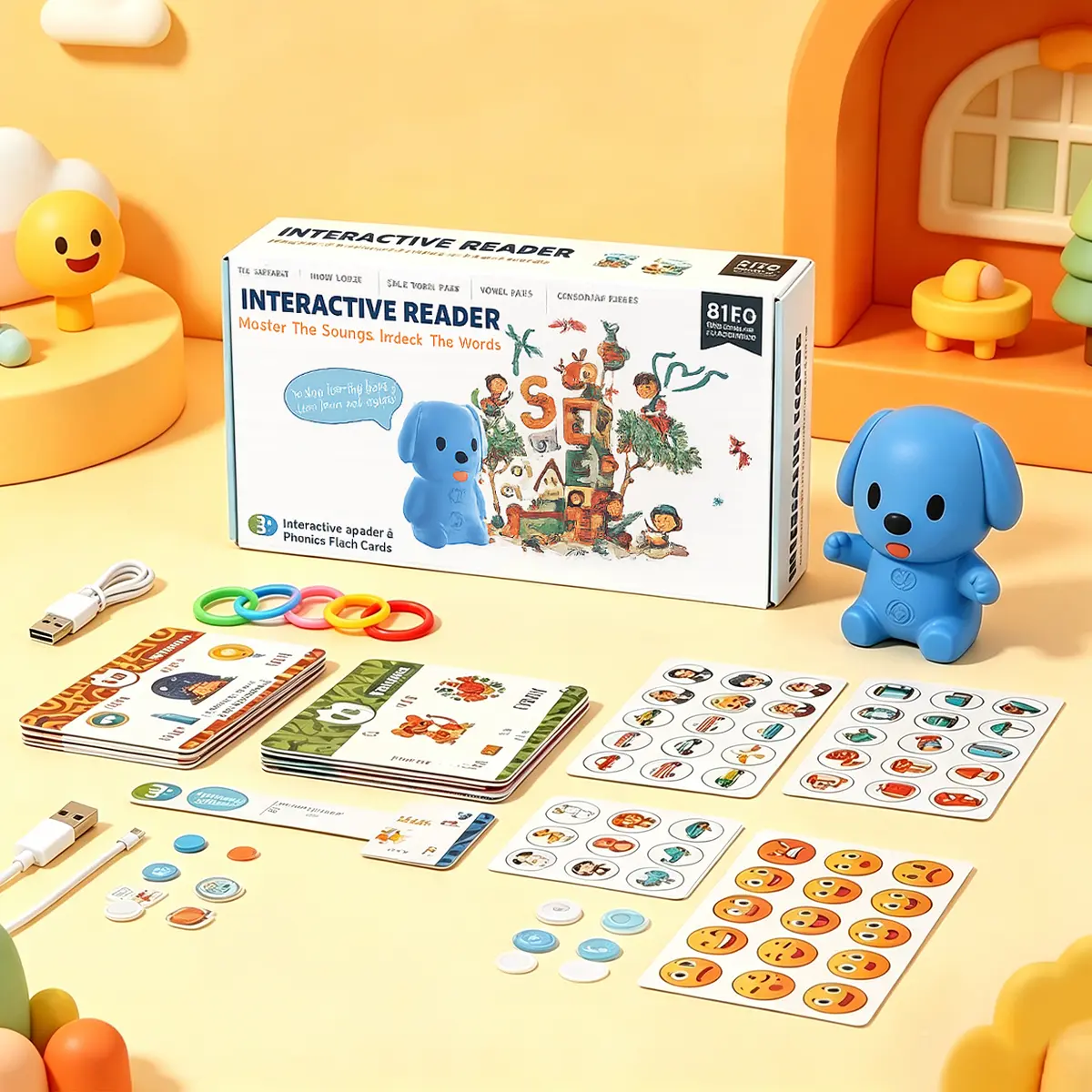 Dog-Shaped Interactive Phonics Reader for Kids, Talking Flash Cards Learning Toy with Sound, Vocabulary & Spelling Practice, Portable Educational Toy for Toddlers Ages 3+