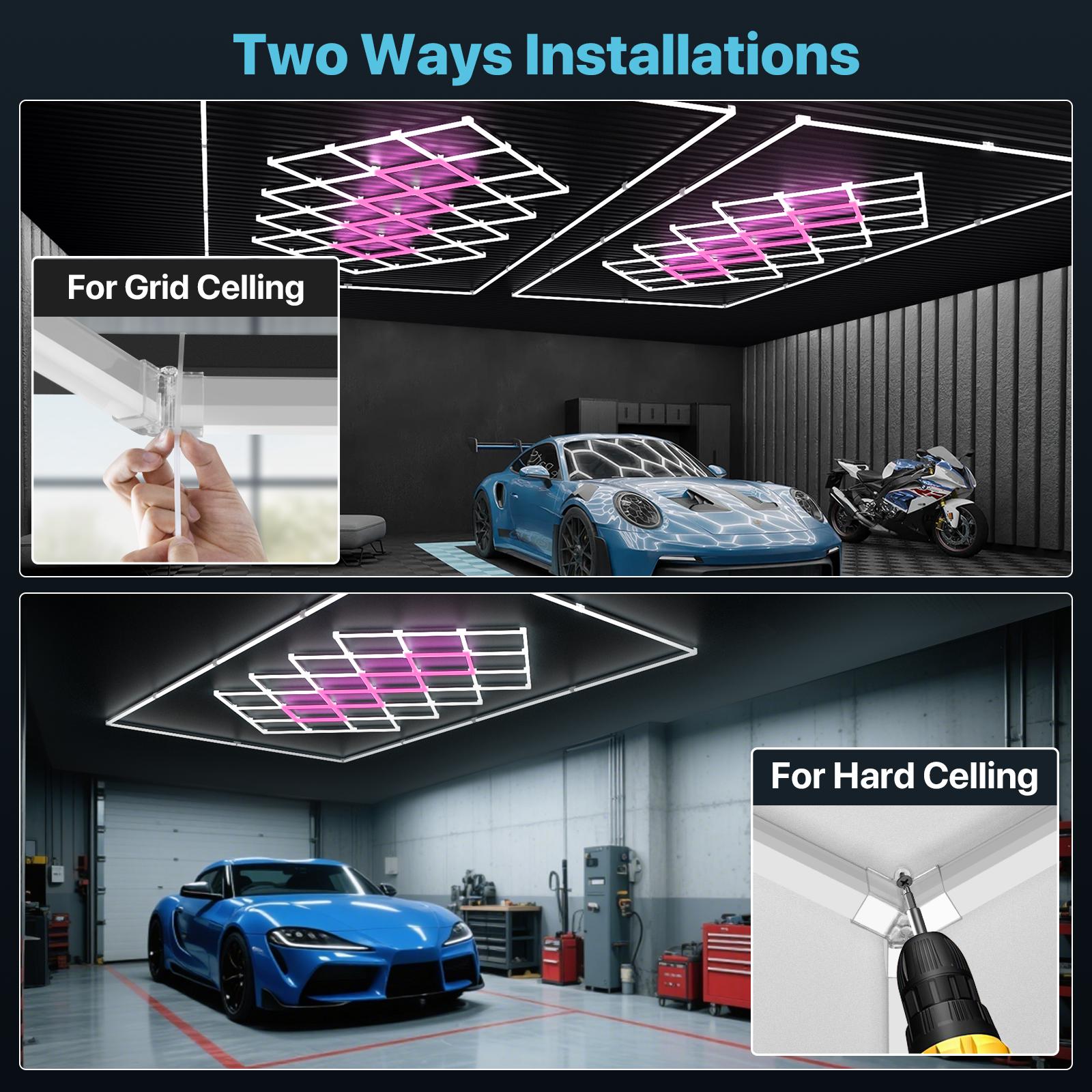 HYPERLITE Color Glow, Garage Lights, Honeycomb Design, Rectangle Frame Modular Lighting, LED Ceiling Light, 568W-624W 56800LM-62400LM, 6500K Bright White, for Garages, Workshops, Gyms, Studios,  Barber Shops, Decorative Spaces， SpringGlowUp