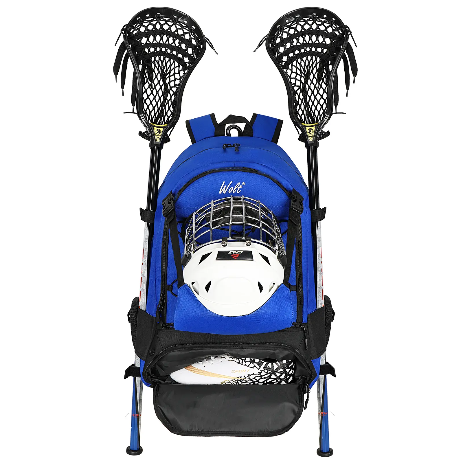 Wolt Unisex Durable Lacrosse Backpack for Youth/Adults (14+), 600D Polyester Extra Large (15x11x24in, 1.2kg) Multi-Sport Bag with Ergonomic Design, Ventilated Shoe Compartment, 2 Stick Holders, Training Equipment Compatibility, Field Hockey Use, Ventilati
