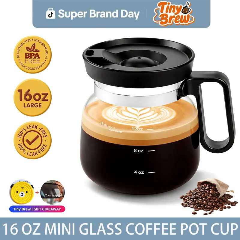 Tiny Brew Coffee Mug in Coffee Pot Shape 4” Tall – Compact 16 Oz Glass Carafe Design with Sip Lid | Fun Gift for Coffee Lovers | Cute, Compact Novelty Mug Small Size Cute Coffee Pot Shaped Coffee Mug Size 4" Tall x 3.75" Wide