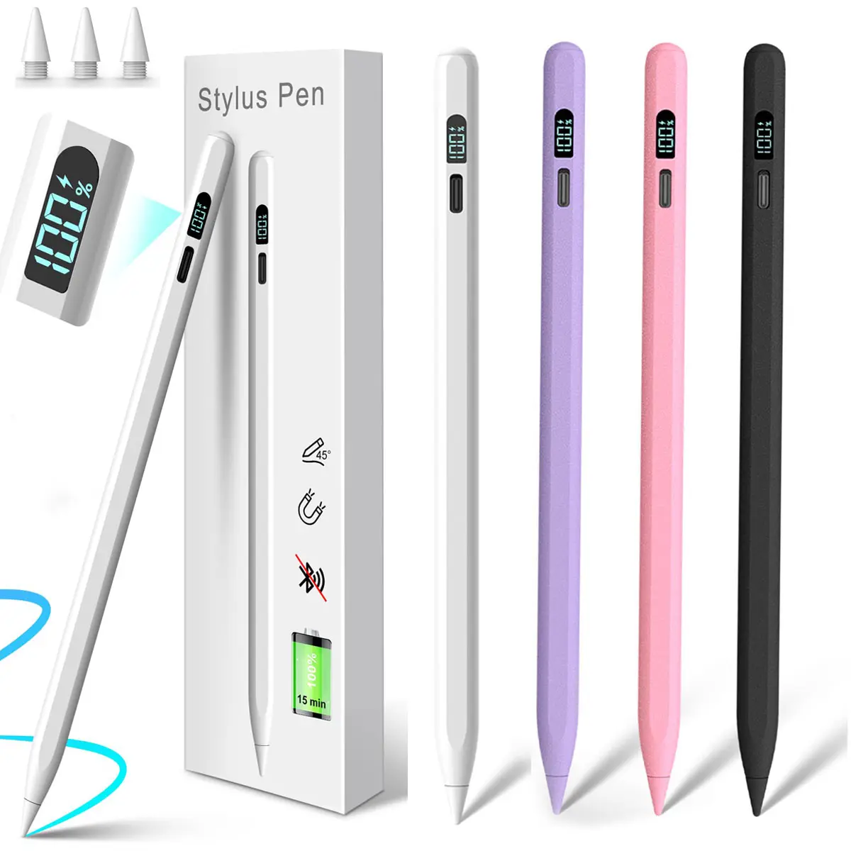 MEKO LED Stylus Pen Accessories for iPad 10/9/8/7/6th, Pro 12.9"/11"/M4, Air 5/4/3/M2, Mini 6/5 - Computer Tech Accessories, Fast Charge, Palm Rejection, Tilt Sensitive, LED Power Display, Wireless, Portable, USB Charging, Button Control, Devices, Tablet