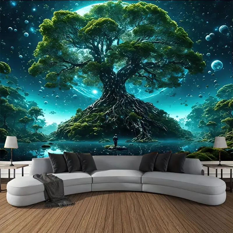 Enchanting Nature & Animals Tree of Life Tapestry, 85gsm Peach Skin Polyester Wall Art with Celestial Print, Easy Installation Kit, Room Decor for Living Room-Bedroom, Business-Anniversary Backdrop (Home Supplies)