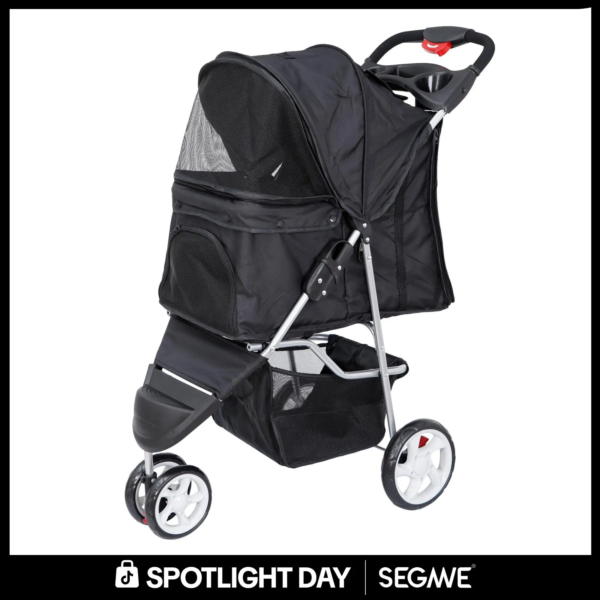 Segawe Foldable 3-Wheel Pet Stroller - Durable Metal-Frame Outdoor Travel Carrier for Dogs & Cats, Zippered Fabric Design with Storage Basket, 21.3 in x 13 in x 20.9 in Stable Structure, 33 Lbs