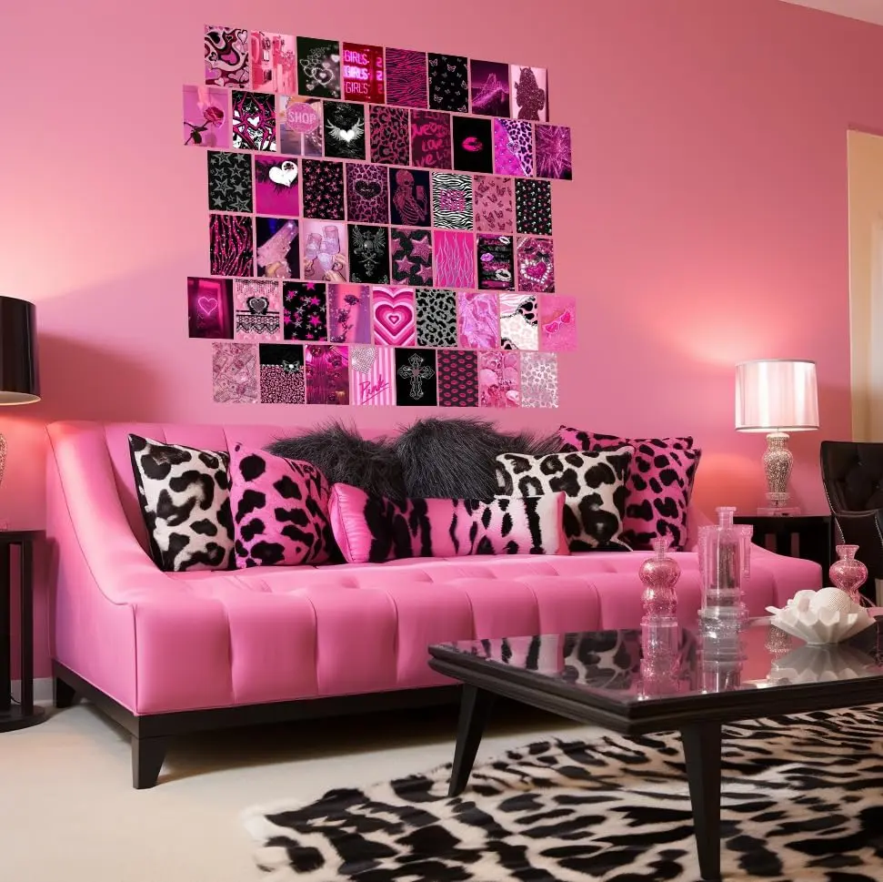 50Pcs Hot Pink Wall Collage Kit - 4x6 2000s Y2K Emo Baddie Aesthetic Posters, Teen Girls' Room Decor Prints for Dorm & Apartment Wall Art