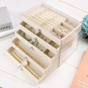 Luxury Acrylic Jewelry Box Organizer - 5 Velvet Lined Drawers Clear Stackable Storage for Earrings Necklaces Rings Bracelets Elegant Beige Dresser Top Vanity Display Corner Cosmetic Rack Collapsible Multifunctional Bins Rolling Three-Tier Cart Set home