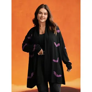 【Oversized】Bloomchic Supersoft Essentials Halloween Bat Pattern Lapel Collar Cardigan Swimweek