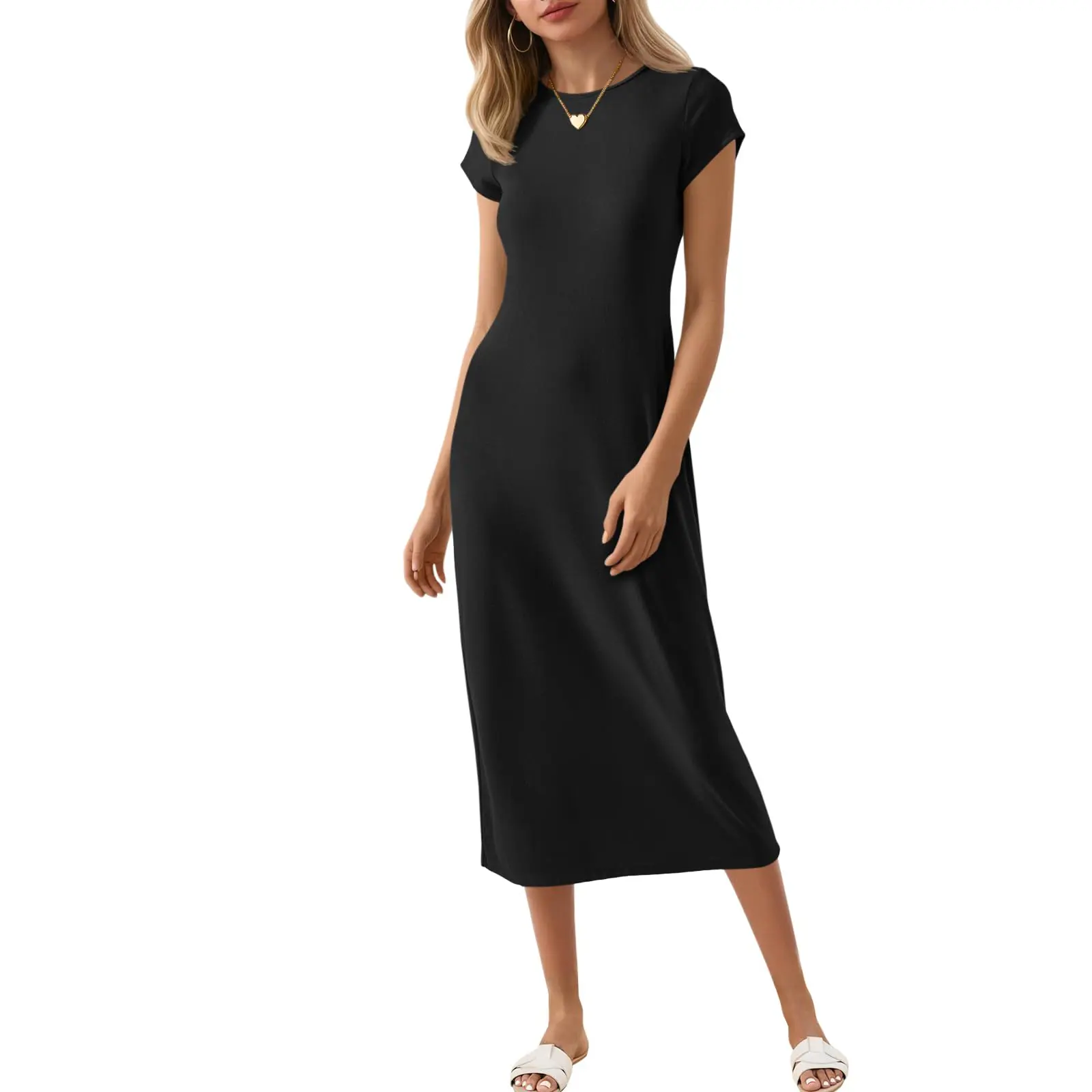 Wenrine Women's Short Sleeve T-Shirt Dress Summer Crew Neck Basic Solid Casual Long Midi Dresses