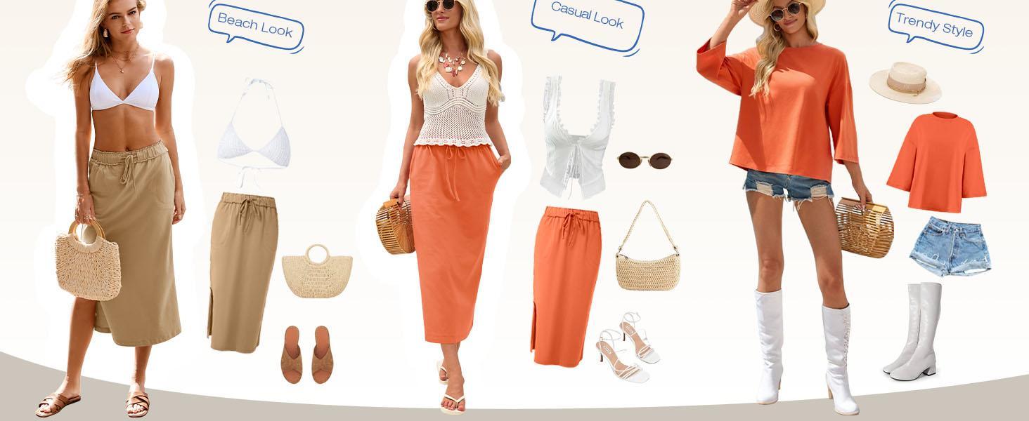 Ommig Womens 2 Piece Outfits Spring& Summer Skirt Sets Oversized 3/4 Sleeve Top and Maxi Skirt with pockets Vacation Matching Lounge Set