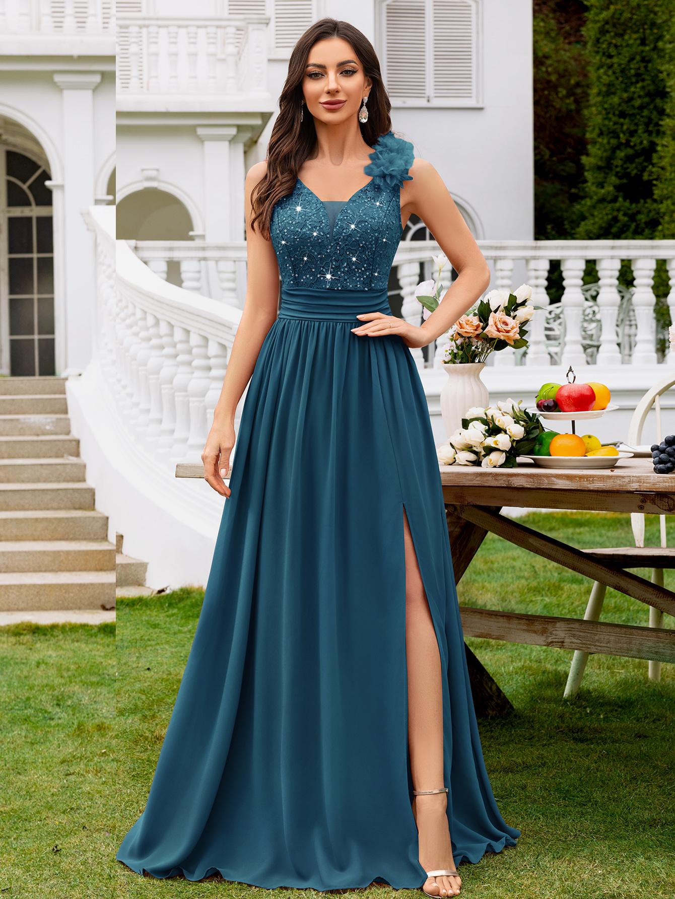 Miusol 24451A Women's Elegant Deep V Neck Sequin Lace Chiffon Maxi Party Dress Sleeveless Ruched Split Thigh Formal Evening Ball Gown for Wedding Guest Prom Graduation Bridesmaid Bridal and Spring or Summer Cocktail Party Event SpringStatements
