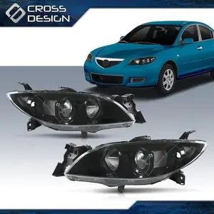 CROSSDESIGN Headlights Set Black Housing Clear Corner Left & Right Fit For 2004-2009 Mazda 3
