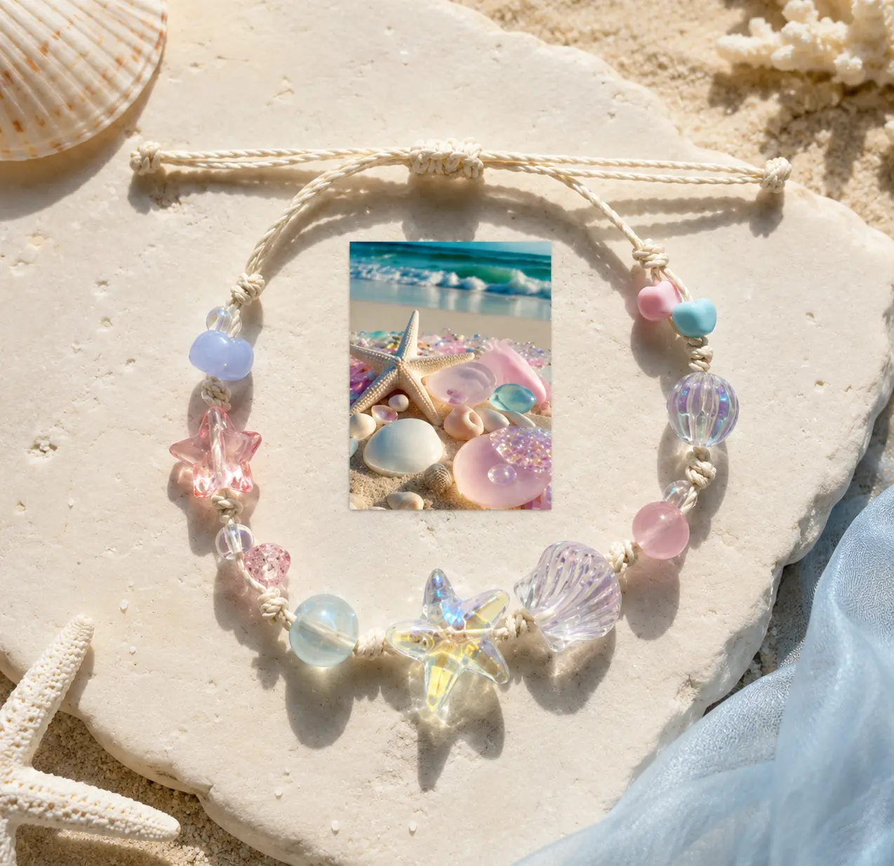 Handmade Ocean-Themed Beaded Bracelet, Adjustable Wax Cord Bracelet with Cute Sea-Inspired Charms, Beach Jewelry, Friendship Bracelet, Summer Accessory & Gift for Friends or Loved Ones