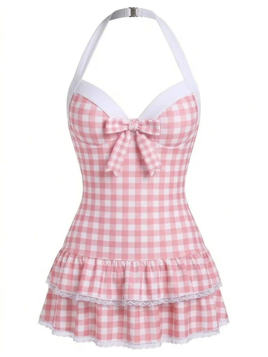 RETRO STAGE Women's 1940s Vintage Pink Gingham Halter 1-Piece Swimsuit, Polka Dots, Dainty Bow, Ruffled Hem, Backless, Comfortable Fit, Bathing Suit, One Piece Swimsuitvacation swimwear for women cute summer outfits BackToSchool