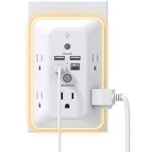 Surge Protector, Outlet Extender with Night Light, Addtam 5-Outlet Splitter and 4 USB Ports(1 USB C), Multi Plug Wall Outlet for Home Office Dorm Room Essentials
