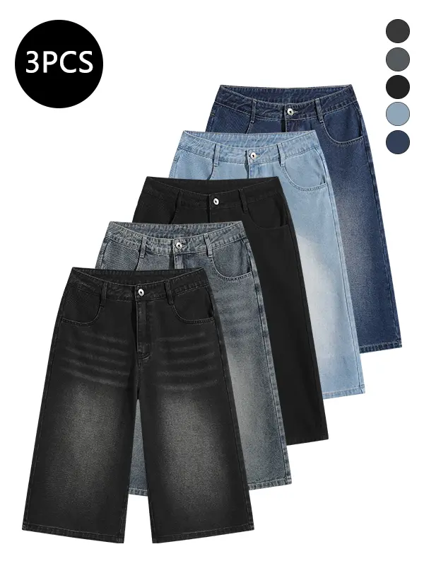 3-pack men’s denim shorts, men’s jeans, men’s seven-eighths pants; front button design; washed straight loose fit; suitable for daily commuting and holiday travel; available in multiple colors; minimalist solid-color, versatile style that matches any outf