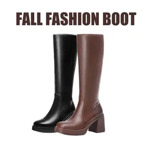 【New Colors】Knee High Boots for Women, Square Toe Chunky Block Heeled Platform Tall Leather Wide Calf Cogo Boots with Side Zipper Footwear Gir Walking Shoes Girl Comfort Fallfashion Brown Flatform
