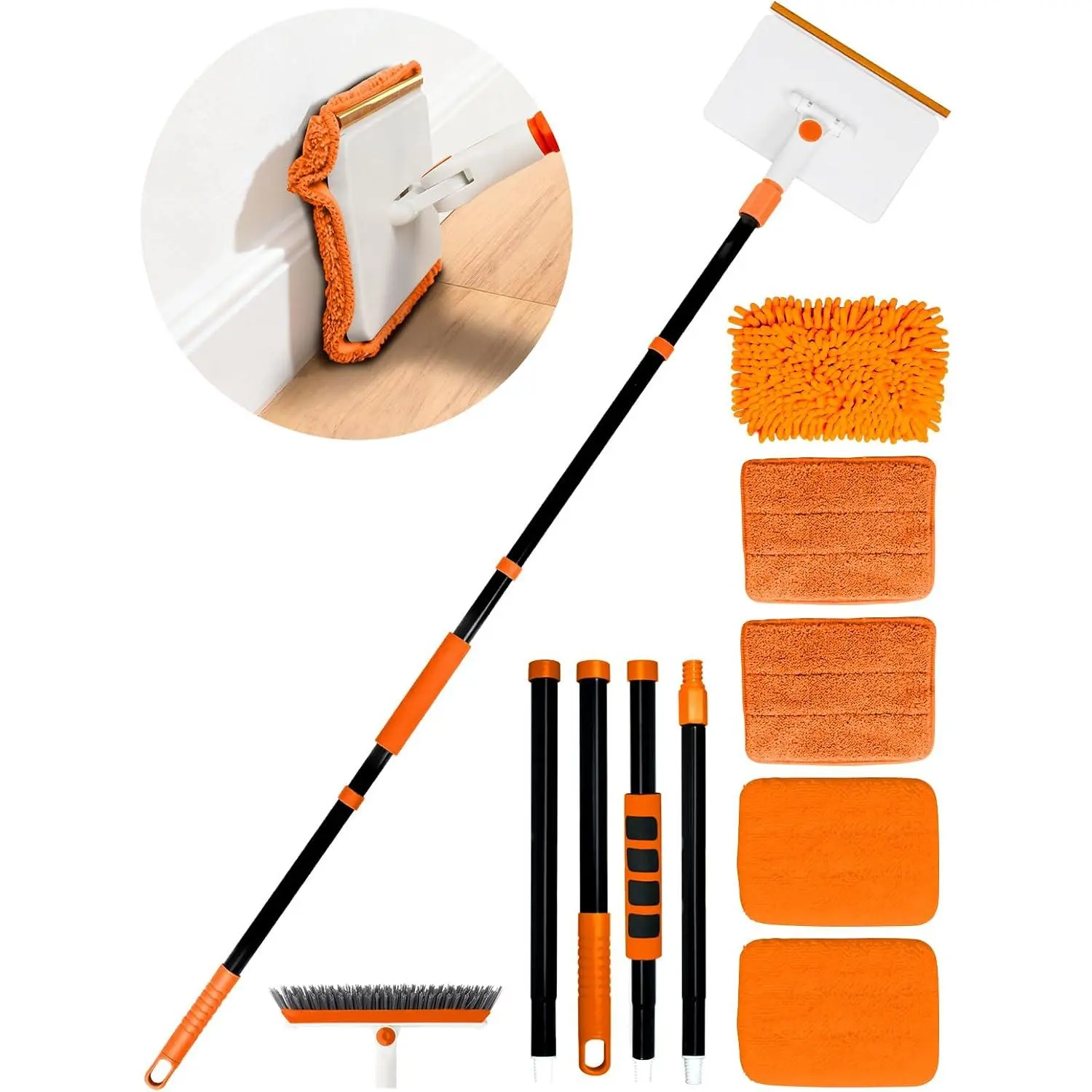 4-in-1 Baseboard Cleaning Tool – Extendable Handle Brush with Reusable Pads & Carpet Rake