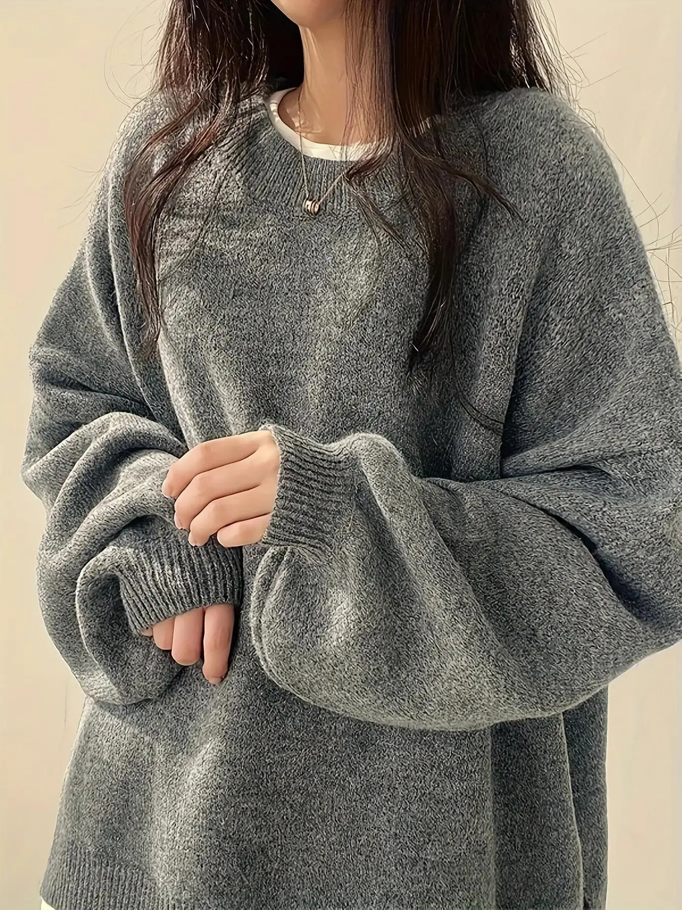 Plus Size Solid Split Hem Drop Shoulder Knitwear Sweater Tops, Casual Long Sleeve Round Neck Jumper for Fall & Winter, Women's Clothing Womenswear for Daily Wear, Everyday, Baggy, Loose