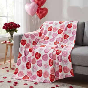 Valentine Flannel Blanket Throw, Pink Hearts with Words Soft Fuzzy Plush Cozy Fleece Blankets for Couch Sofa Bed Lounging, Ideal Gifts for Kids Adults Wife Self
