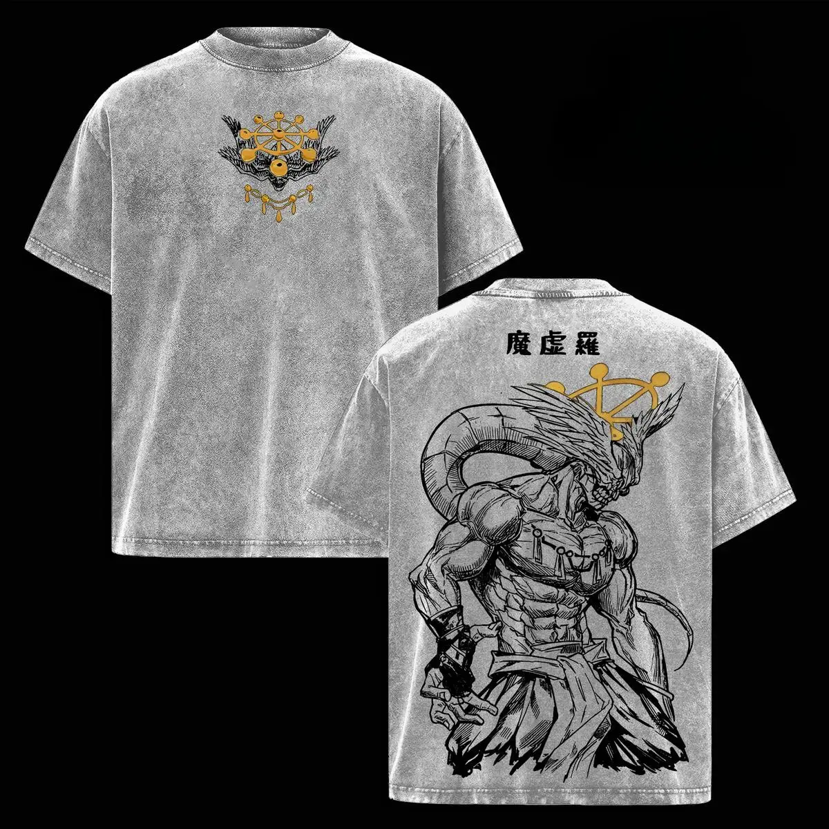 Men's Jujutsu Kaisen Mahoraga Graphic Tee - Vintage Washed Oversized Dark Streetwear, Seamless Ribbed Print Fabric Shortsleeve Soft Cotton Unisex Apparel, Gift for JJK Fans, Top, Tshirt