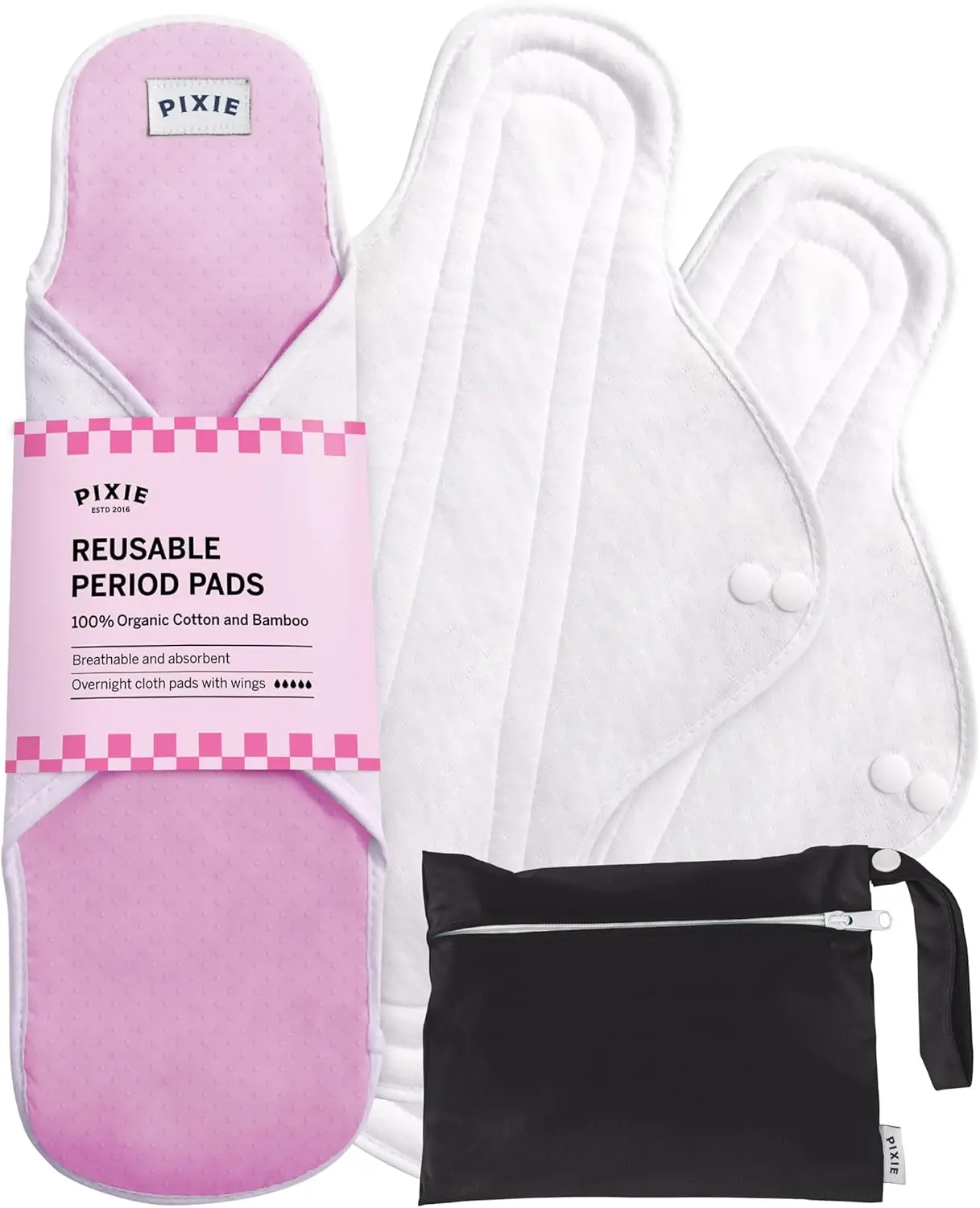 Pixie Cotton Cloth Pads for Feminine Care - 100% Organic Reusable Pads - Ranked 1 for Softest Menstrual Sanitary Napkins - Machine Washable & Includes Free Wet Bag - Menstrual Liner (Overnight)