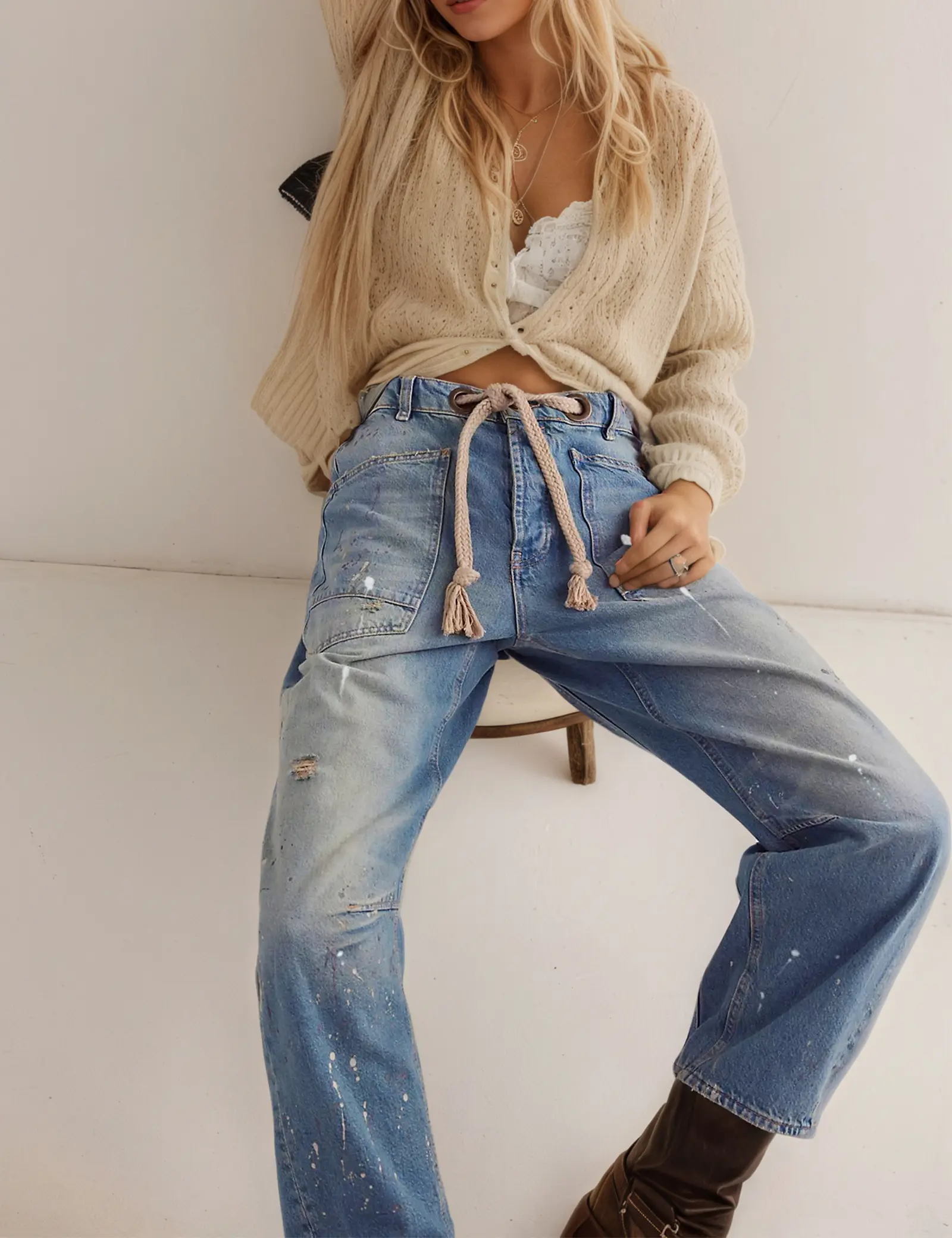 Women's High-Waist Breathable Cotton Painted Barrel Jeans - Cropped Wide-Leg Oversized Bottoms, Adjustable Elastic Drawstring-Button Waist, Classic Clean Fit, Pocket Design for Fall Everyday Streetwear Casual Clothes, Barrel Cut Jeans, Denim, Painted Jean
