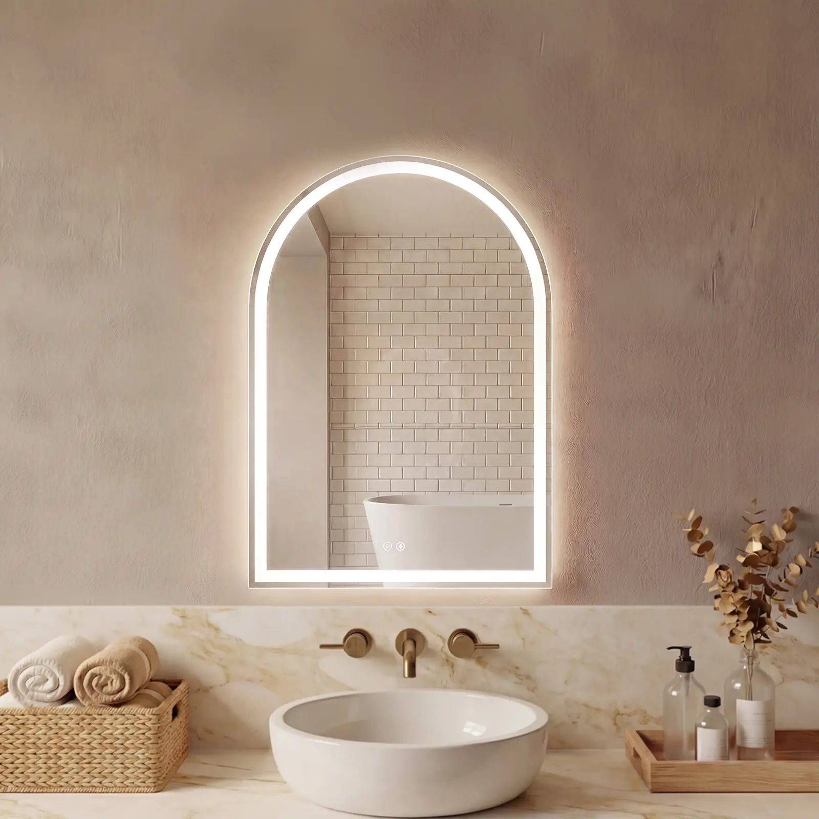 Arched LED Bathroom Mirror with Anti-Fog & 3 Color Lighting, Dimmable Waterproof Vanity Mirror with Aluminum Frame, Ideal for Bathroom, Makeup, Bedroom, Dressing Room & Modern Home Decor