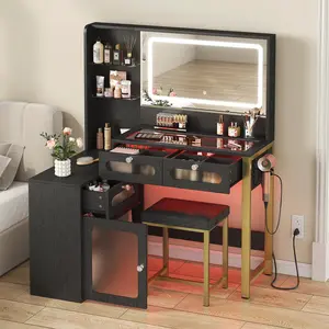 Light-luxury vanity table with an LED mirror, RGB ambient lighting, a charging outlet, and large-capacity storage — modern women’s dressing table with drawers and side cabinets