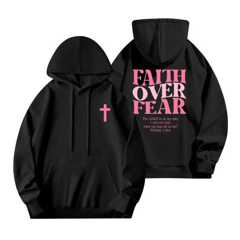 Faith Over Fear Cotton Graphic Hoodies - Hooded Neck, Chain Print, Vintage Preppy Urban Watch Party Long-Sleeve Pullover, Breathable Comfort, Minimalist Bold Slogan, Stylish Casual Menswear Sweatshirts for Men
