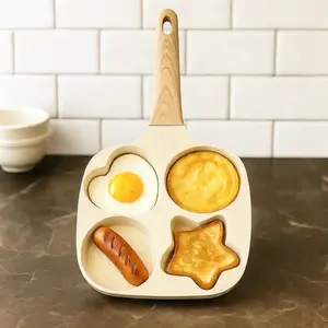 Non-stick Hole Design Egg Frying Pan, 4 Hole Skillet with Handle, Small Egg Fry Pan 3-in-1 Divided Grill Pan, Wooden Handle Stone Omelet Non-stick Cookware, Breakfast Pancake Pan, Kitchen Gadgets for Gas and Induction Cooktops gas stove