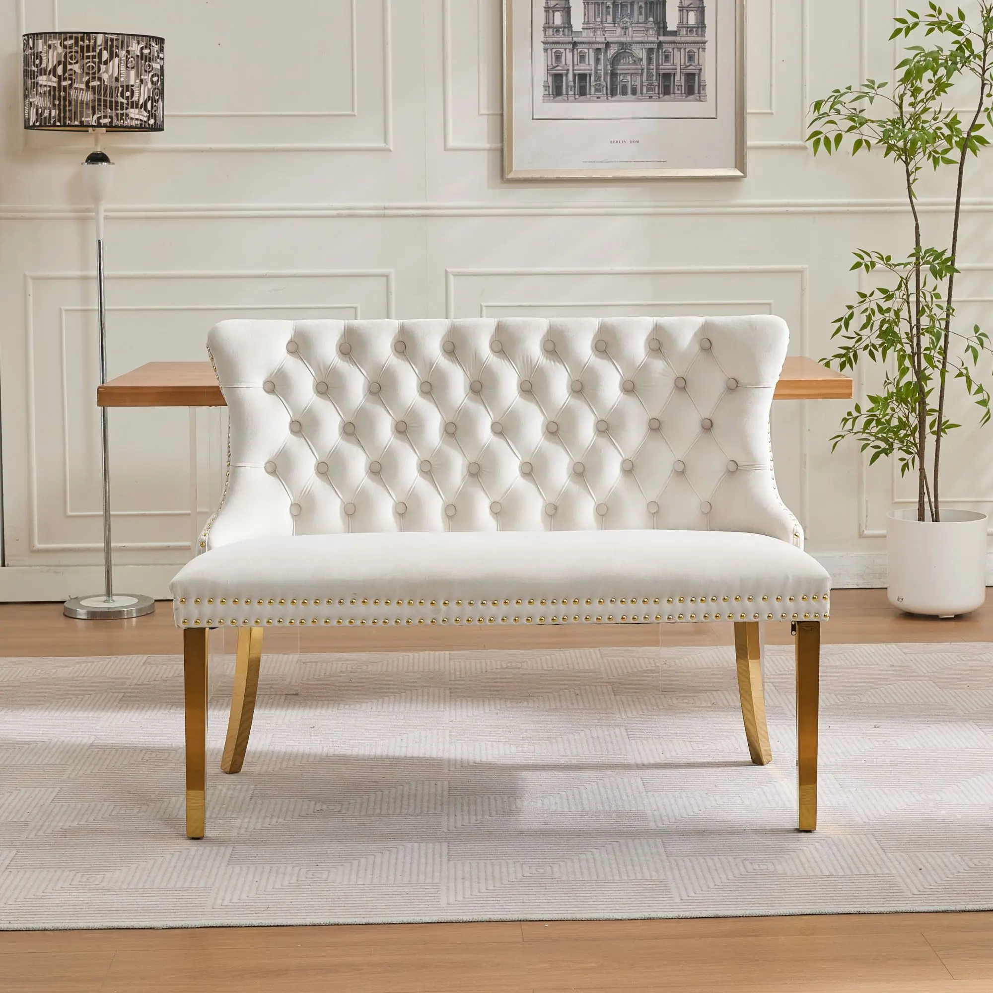 Beige Velvet Wingback Double-Upholstered 2-Seater Dining Bench, Tufted Small Loveseat Sofa Couch, Gold Stainless Steel Legs, for Dining Room, Kitchen