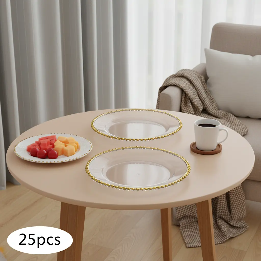 Durable Modern Gold Circular PS Plastic Charger Plates - 25-Pack, 32cm/12.6in Dinnerware with Hot-Stamp Shine, Indoor Furniture Table Setting Essentials for Weddings, Parties, Party